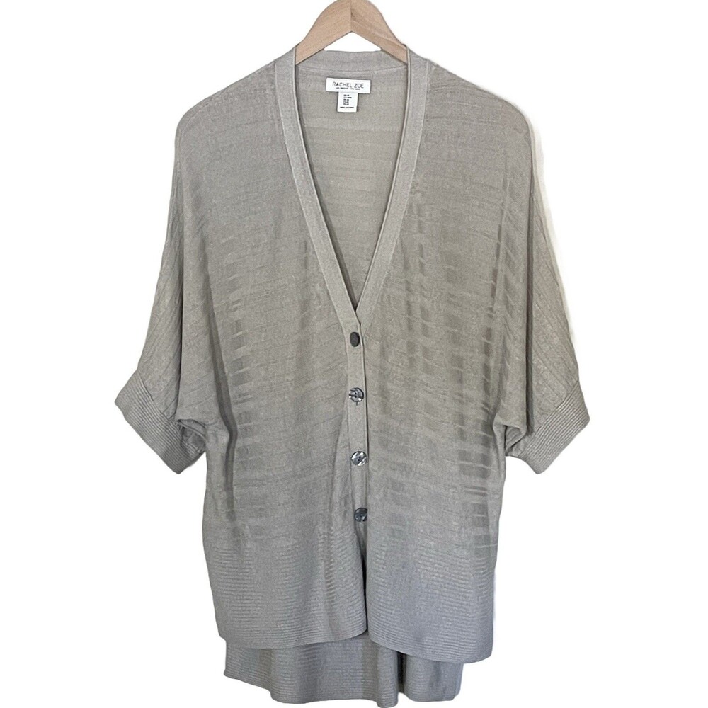 Rachel Zoe Cardigan Sweater Womens M Beige Linen Textured Stripe Flowy Lagenlook